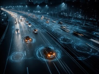 Futuristic autonomous cars driving on a digital technology highway at night illuminated by city lights with holographic navigation overlays and data visualization