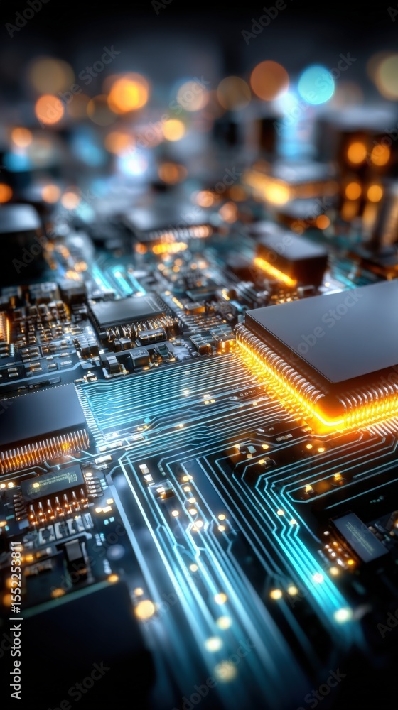 Poster Close-up of a modern printed circuit board with intricate electronic components and glowing circuit pathways for technology innovation
