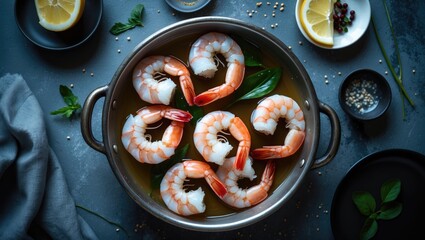 Steamed Shrimp On Background. Top View, Text Space. With Empty Copy Space For Text