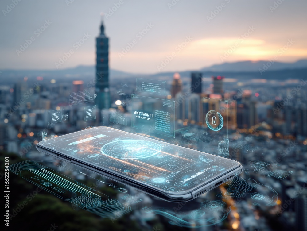 Poster futuristic technology concept with holographic interfaces and digital data overlays on smartphone ag
