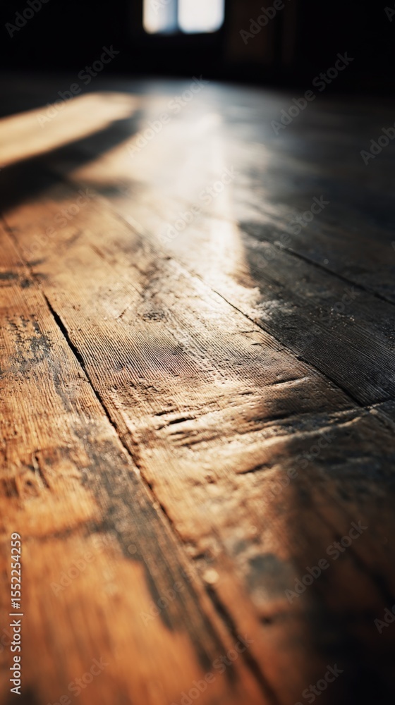 Poster warm sunlight streaming through window illuminating rustic wooden floorboards with long shadows and 