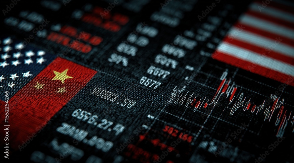 Poster financial stock market data and graphs showing american and chinese flags with investment charts and