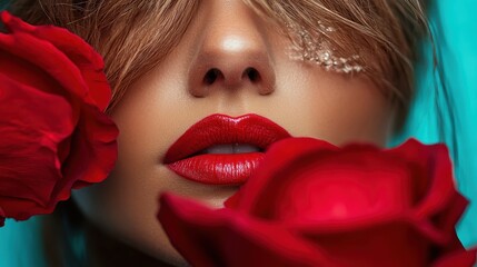 This striking close-up highlights a pair of luscious red lips adorned with delicate roses, exuding elegance, beauty, and the essence of romance in a vivid composition.