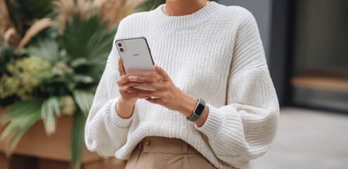 Modern woman in casual sweater with smartwatch using smartphone outdoors in urban setting with plants and modern architecture du daytime
