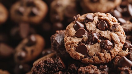 A mouthwatering close-up of chocolate cookies showcases richly textured surfaces, inviting viewers to indulge in the warmth and comfort of homemade treats.