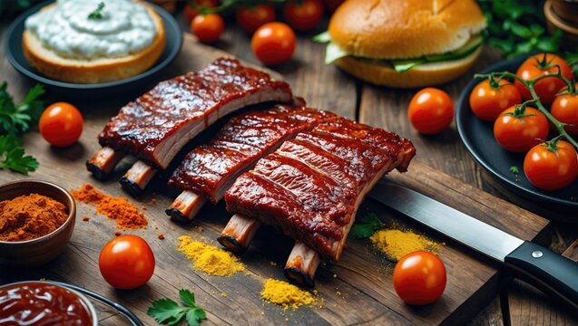 Fresh barbecue meat - spare ribs on wooden table with yellow paprika, cherry tomatoes, fresh bun bread and ranch dressing with knife and fork