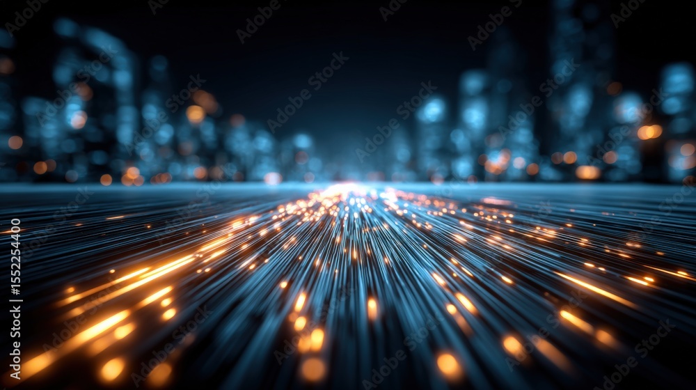 Poster abstract futuristic cityscape with vibrant glowing lights and streaks of motion in a high-tech digit