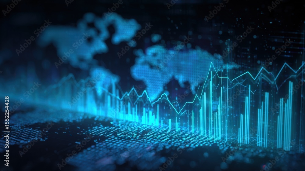 Aufkleber Advanced digital global financial data technology visual with interconnected blue glowing maps and chart graphs representing data analysis