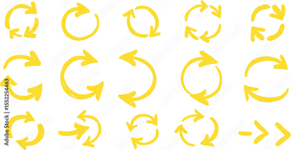 Poster yellow circular arrow set - hand drawn refresh & loop icons ai generative