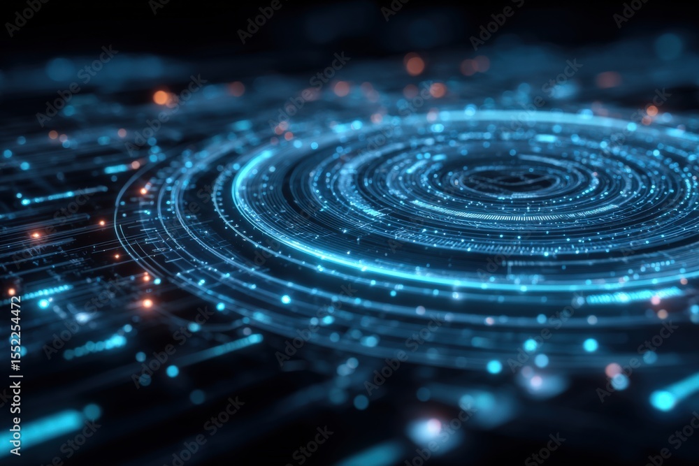 Poster Futuristic Digital Interface with Circular Data Visualization and Glowing Neon Lights in a High-Tech Technology Concept