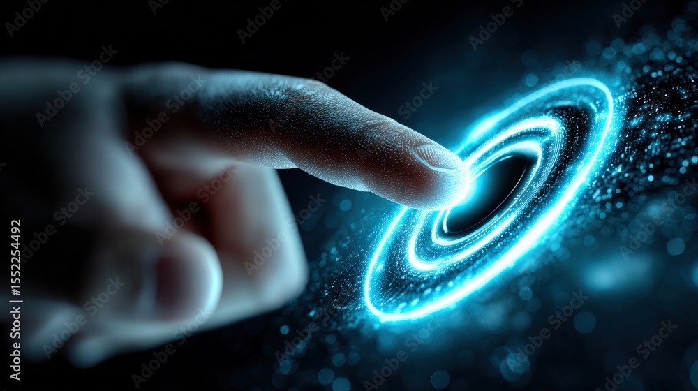 Poster Close-up of a human finger touching a glowing holographic interface with digital s and particles in a high-tech sci-fi environment