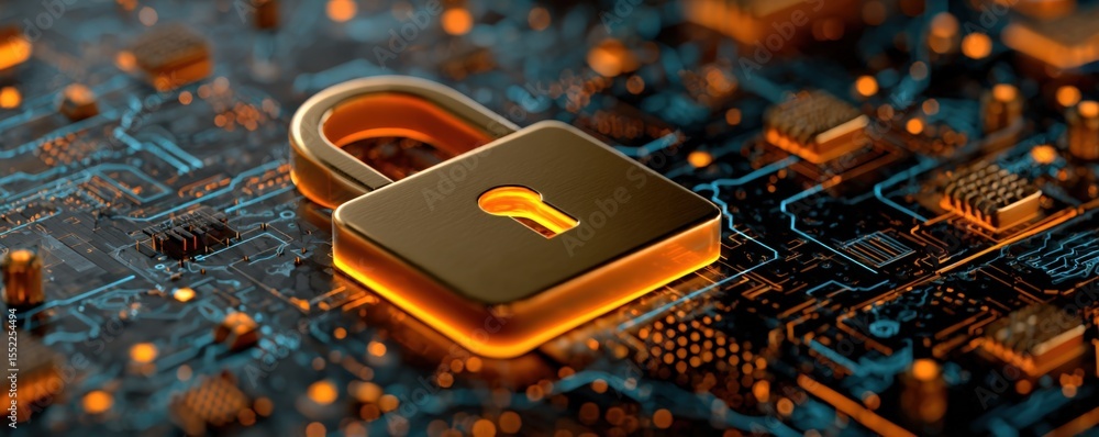Poster Close-up of a glowing gold digital padlock icon on a high-tech circuit board representing cybersecurity, data protection, and digital security concepts