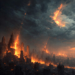 View of destruction city with fires and explosion over dramatic sky background