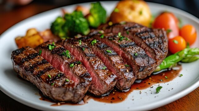 An appetizing plate of grilled steak accompanied by fresh vegetables, perfectly presented with vivid colors and textures, promoting a sense of indulgence and culinary excellence. - Powered by Adobe
