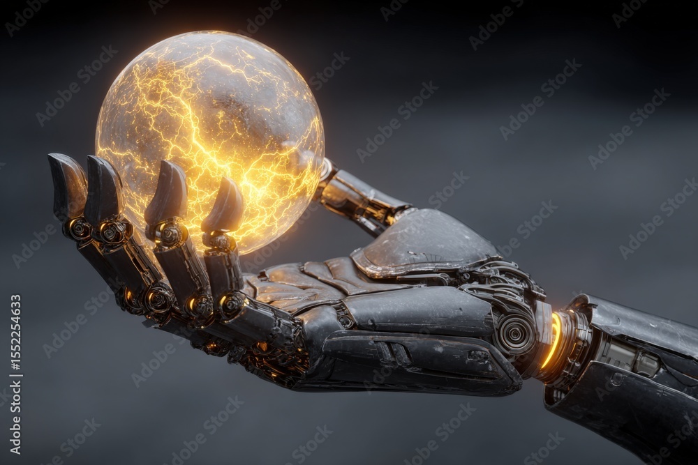 Poster Futuristic robotic hand holding a glowing energy sphere with lightning effects in a dark sci-fi background representing technology innovation and artificial ligence