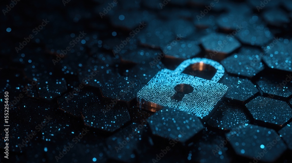 Poster High-tech security padlock with digital encryption symbols on hexagonal metallic surface illuminated in blue and orange tones