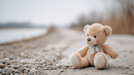 Adorable Plush Teddy Bear Sitting Alone on a Rocky Beach Du Overcast Weather with Blurred Horizon Background