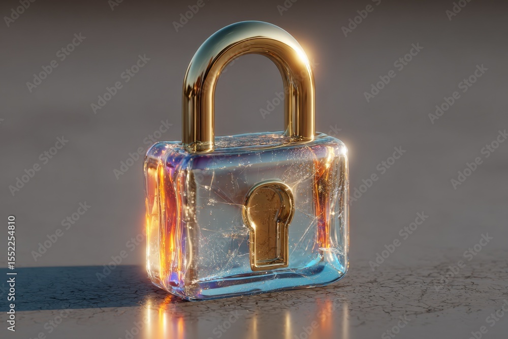 Poster transparent glass padlock with gold hardware and illuminated edges, modern security lock on gray sur