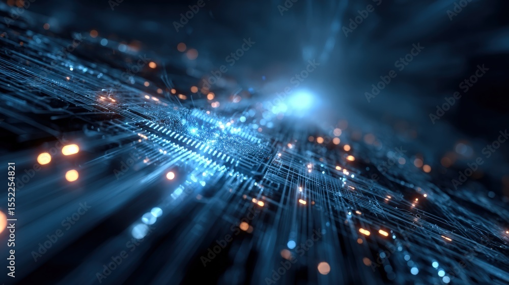 Leinwandbilder High Tech Digital Data Network and Binary Code Cybersecurity Concept with Bright Light and Motion Blur Effect