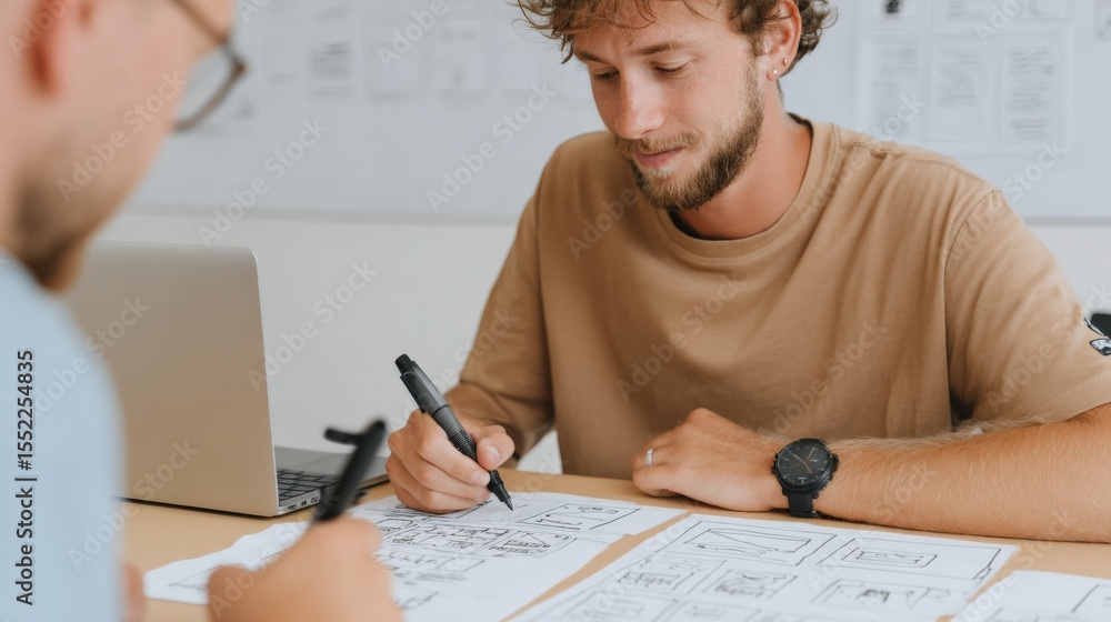 Poster young man working on architectural blueprints and plans at desk in office with laptop and design ske