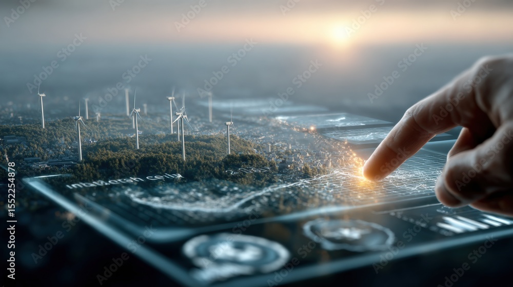 Aufkleber Futuristic digital interface showing wind turbines and renewable energy concepts with hand interacting in a high-tech environment at sunset