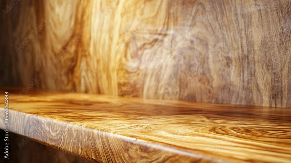 Poster a close-up view of a wooden shelf in a cozy room, ideal for use as a background or to represent home
