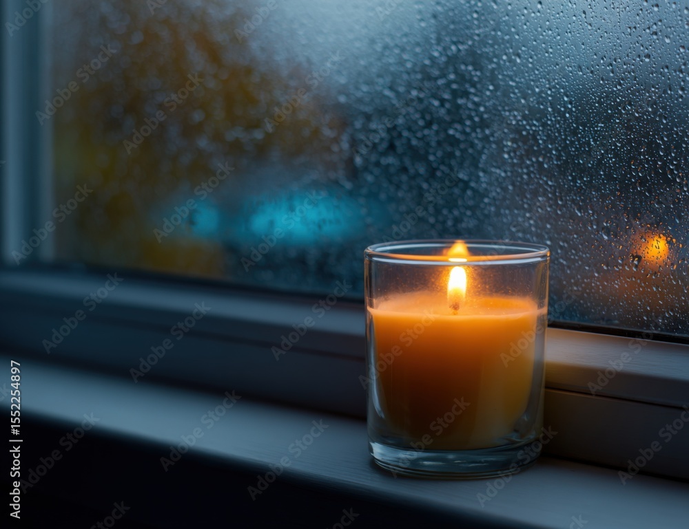 Aufkleber cozy indoor candle on ill with raindrops on glass and blurred city lights in background creating a w