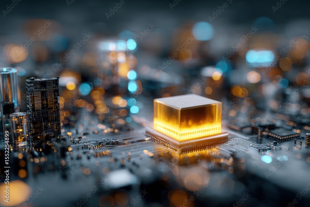 Poster Close-up of a glowing modern computer microchip processing unit on a printed circuit board with electronic components illuminated in blue and orange tones