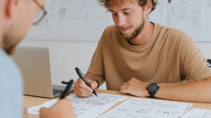 Young man working on architectural blueprints and plans at desk in office with laptop and design sketches, focused professional environment