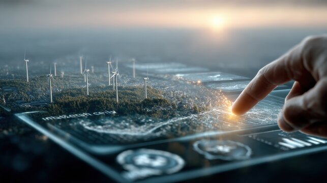 Futuristic digital interface showing wind turbines and renewable energy concepts with hand interacting in a high-tech environment at sunset