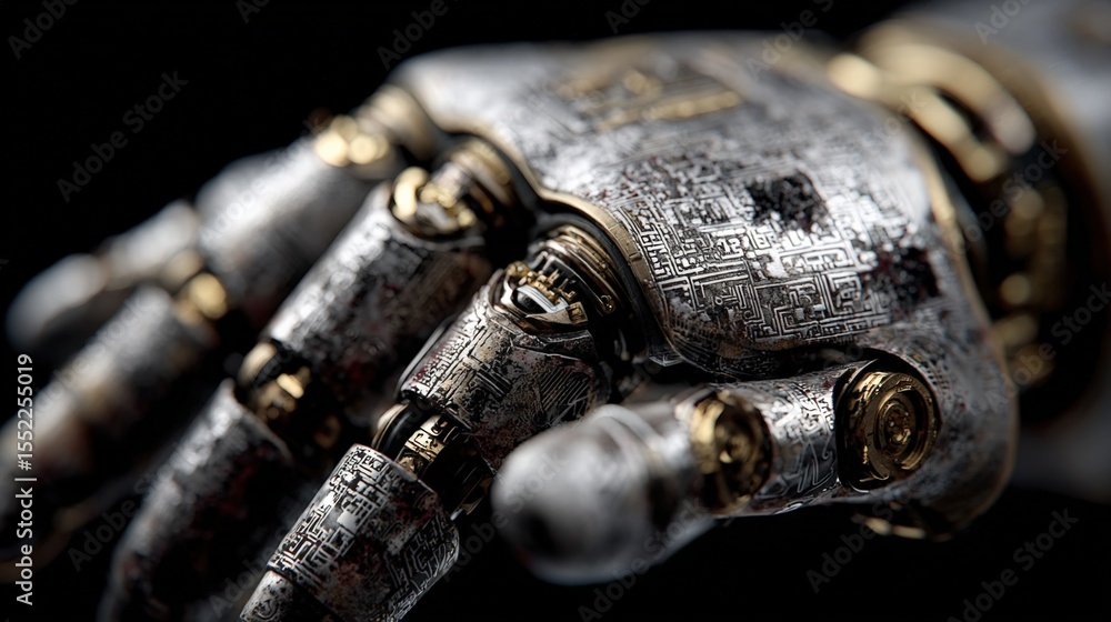 Poster Highly detailed close-up image of a robotic hand with intricate mechanical components and advanced artificial ligence features, showcasing futuristic technology
