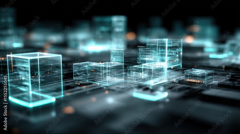 Poster futuristic digital cityscape with glowing holographic buildings and advanced technology elements in 