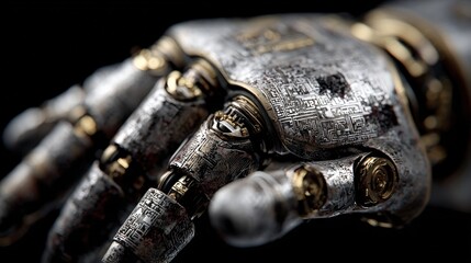 Highly detailed close-up image of a robotic hand with intricate mechanical components and advanced artificial ligence features, showcasing futuristic technology