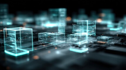 Futuristic digital cityscape with glowing holographic buildings and advanced technology elements in a high-tech virtual environment