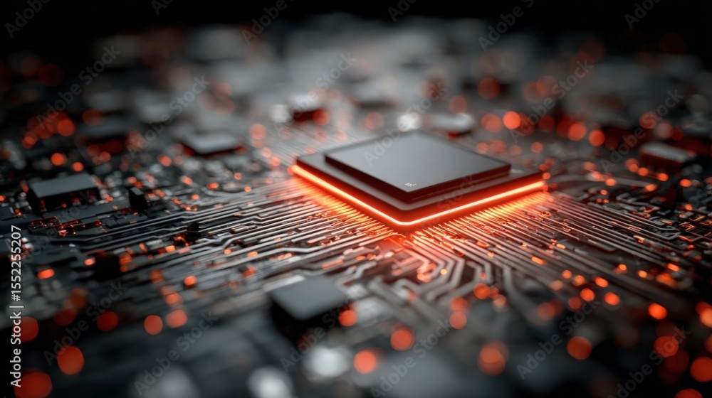 Leinwandbilder Close-up of a futuristic computer processor chip with glowing red and orange circuitry on a dark motherboard background with high-tech design