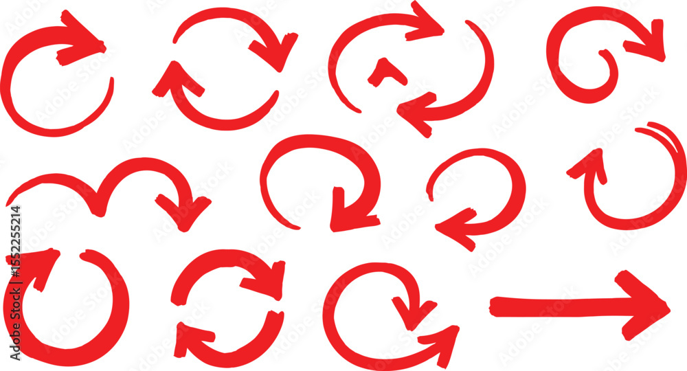 Poster red circular & curved hand drawn arrows - doodle vector set ai generative
