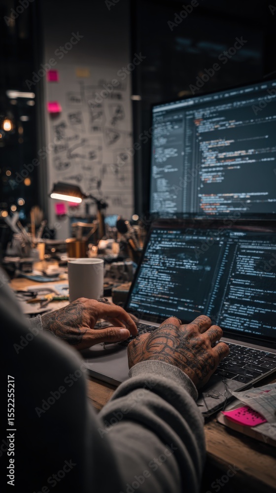 Aufkleber Modern software developer working on dual screens with code snippets in a high-tech office environment at night