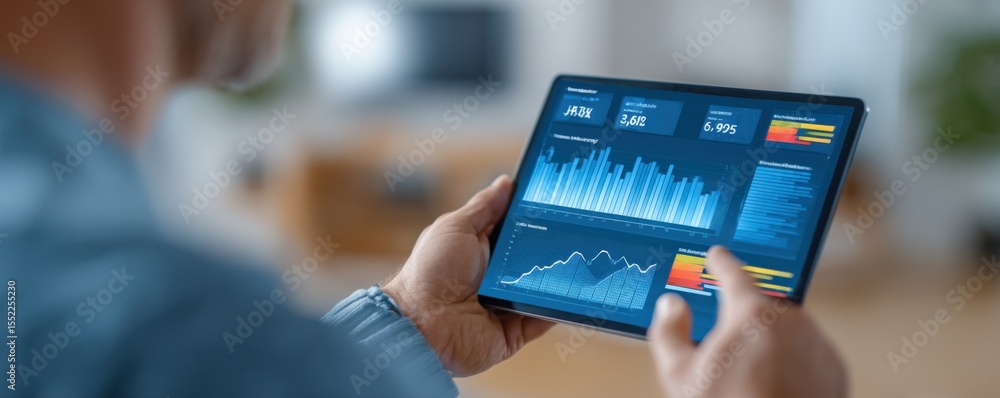Poster Detailed close-up of a person holding a tablet displaying financial charts and graphs with data analysis for investment decisions