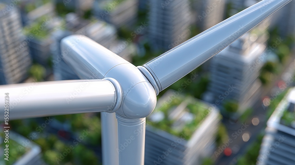 Poster high-angle view of modern white wind turbine blade rotating in the sky with a cityscape background s
