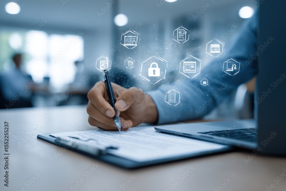 Poster Businessperson Using Digital Security and Data Encryption Icons for Cybersecurity and Privacy Protection in Modern Technology