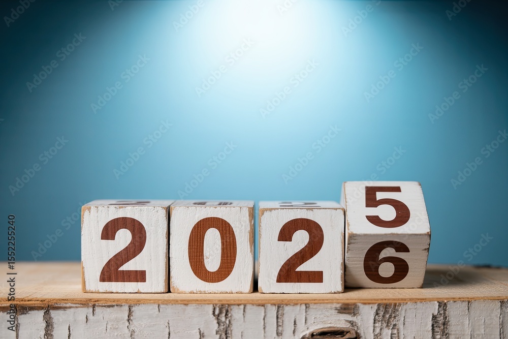Poster wooden blocks displaying the transition from the year 2025 to 2026 against a soft blue gradient back