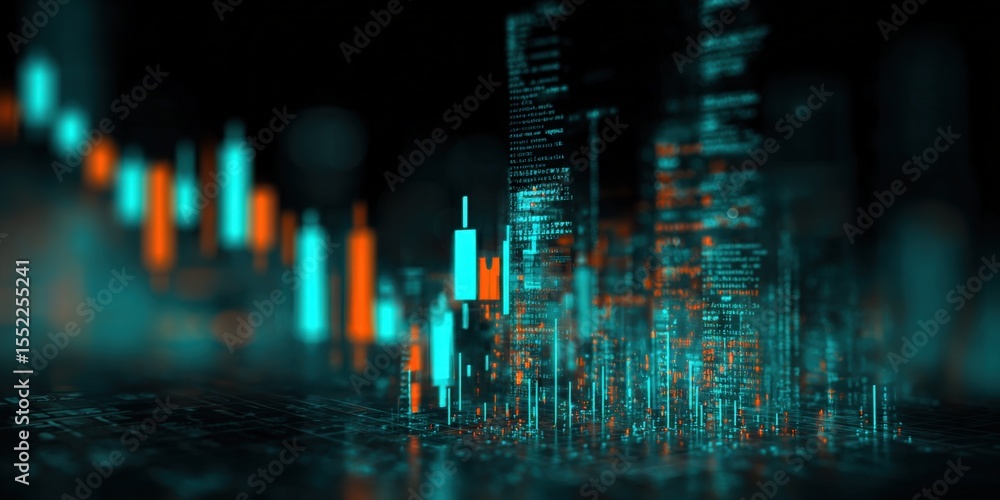 Poster Digital financial data visualization with candlestick charts and stock market graphs showing trading trends and investment analysis