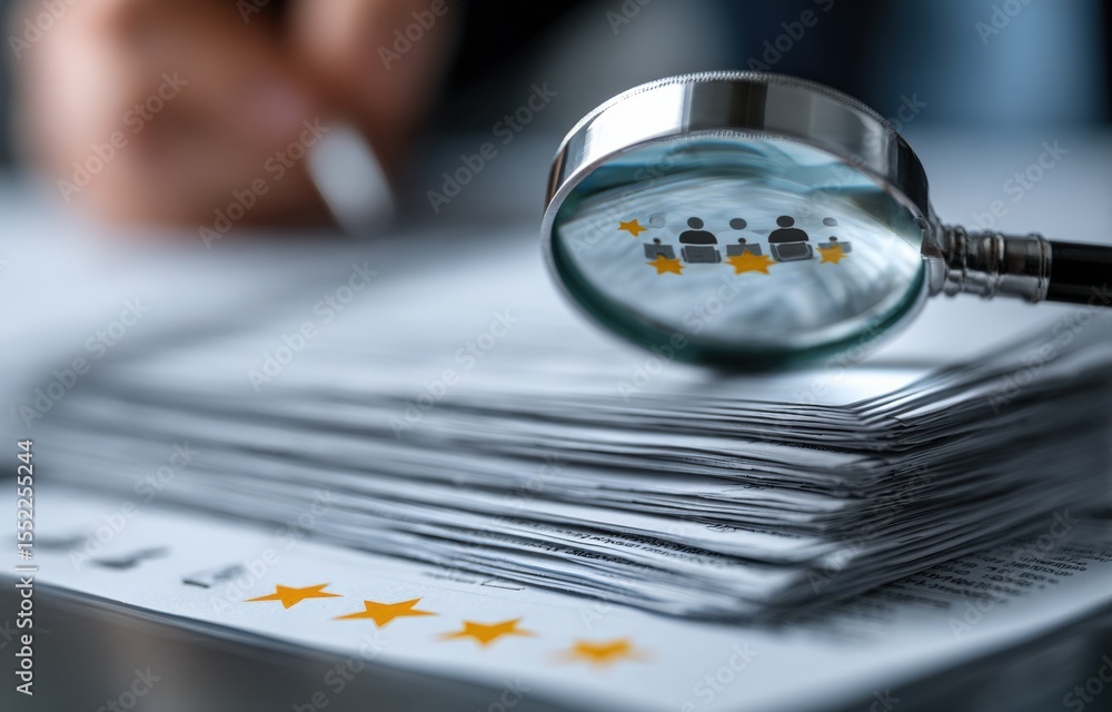 Poster Close-up of a magnifying glass examining printed documents with star rating review symbols on paper, representing analysis and verification process