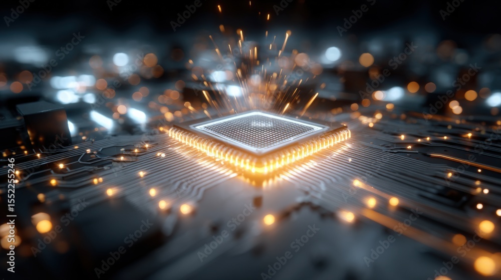 Poster HighTech Computer Microchip with Glowing Circuitry and Sparkles Illuminated in a Dark Background for Advanced Technology and Electronics Innovation