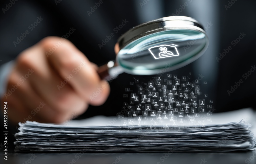 Aufkleber man holding magnifying glass over stacked papers analyzing data and documents for investigation or r