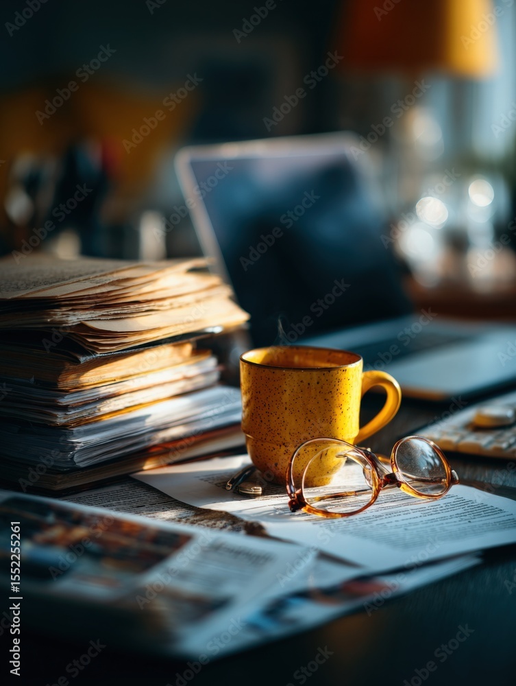 Poster cluttered workspace with cluttered papers a yellow cup glasses a laptop and a lamp in a home office 