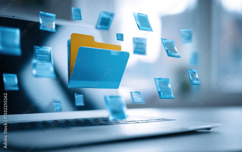 Poster Digital data transfer with floating blue document icons and a folder symbol representing cloud storage and file sha technology in a modern digital environment