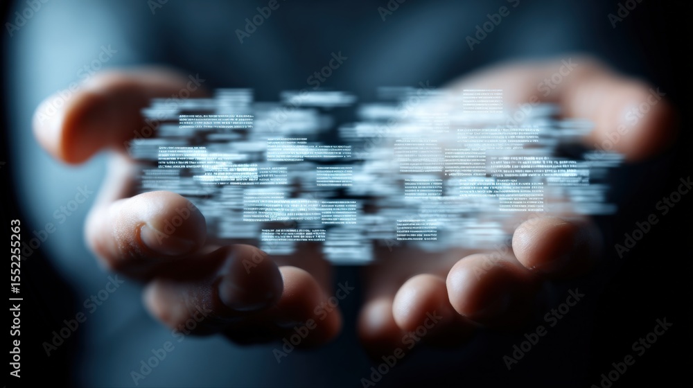 Aufkleber Hand holding a futuristic digital hologram with floating lines of code and data in a dark modern environment, technology and innovation concept