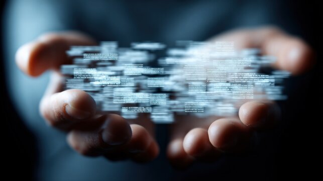 Hand holding a futuristic digital hologram with floating lines of code and data in a dark modern environment, technology and innovation concept
