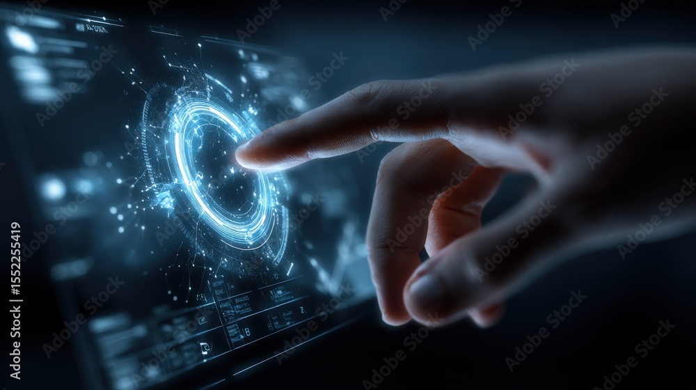 Poster Futuristic digital interface with a human hand interacting with glowing holographic user control panel and virtual technology concept